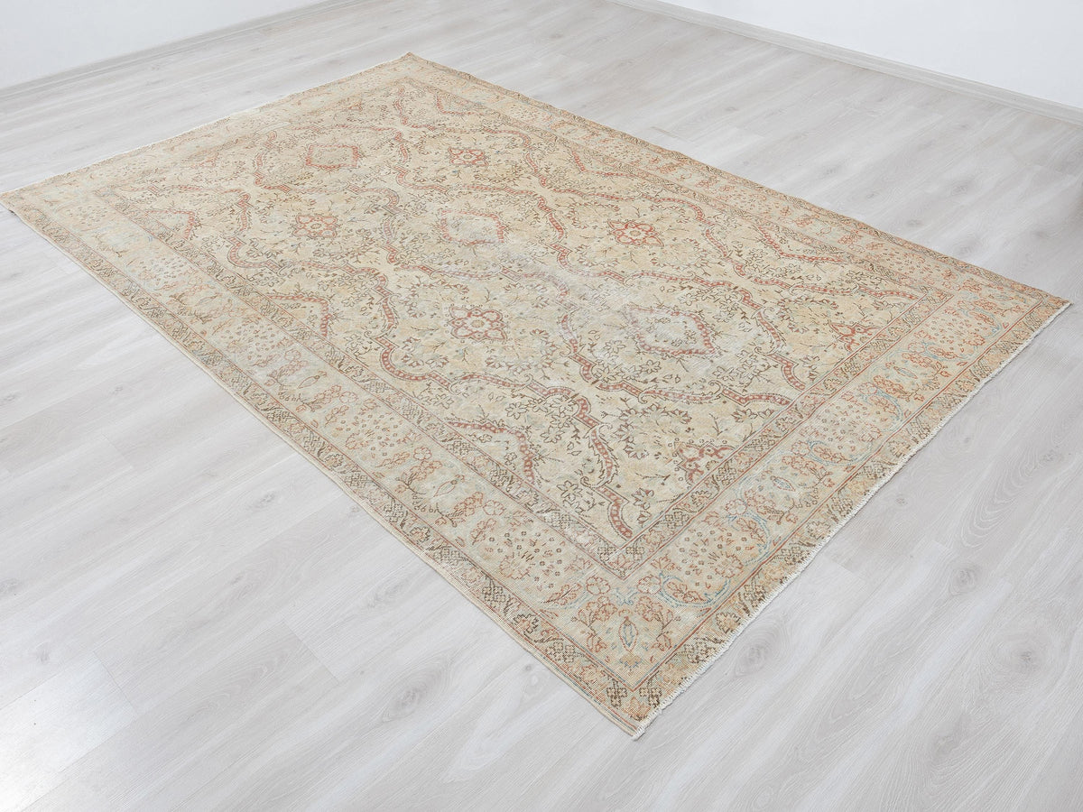 Vintage Turkish Wool Rug, 5.9x9.4 Feet, Terra-cotta Beige Colors,Home Living Decor Rugs.