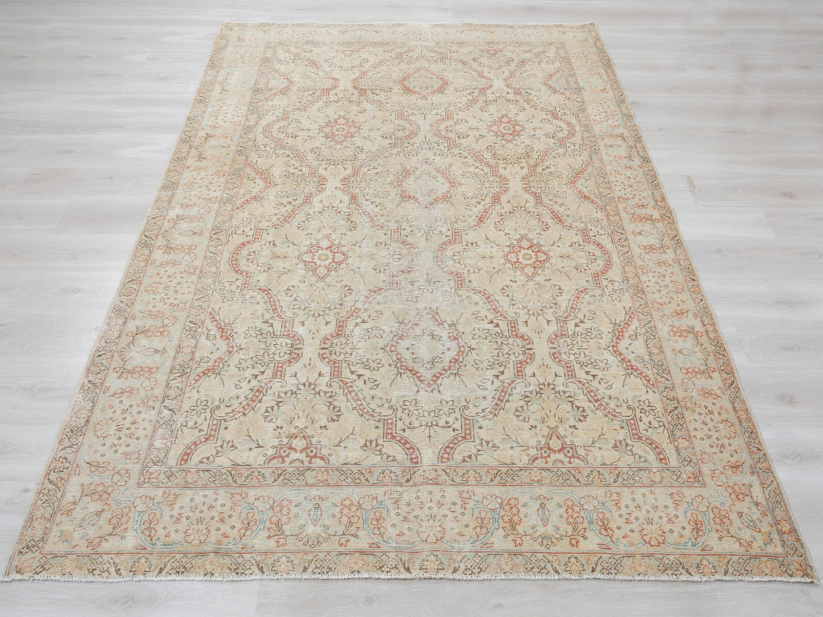 Vintage Turkish Wool Rug, 5.9x9.4 Feet, Terra-cotta Beige Colors,Home Living Decor Rugs.