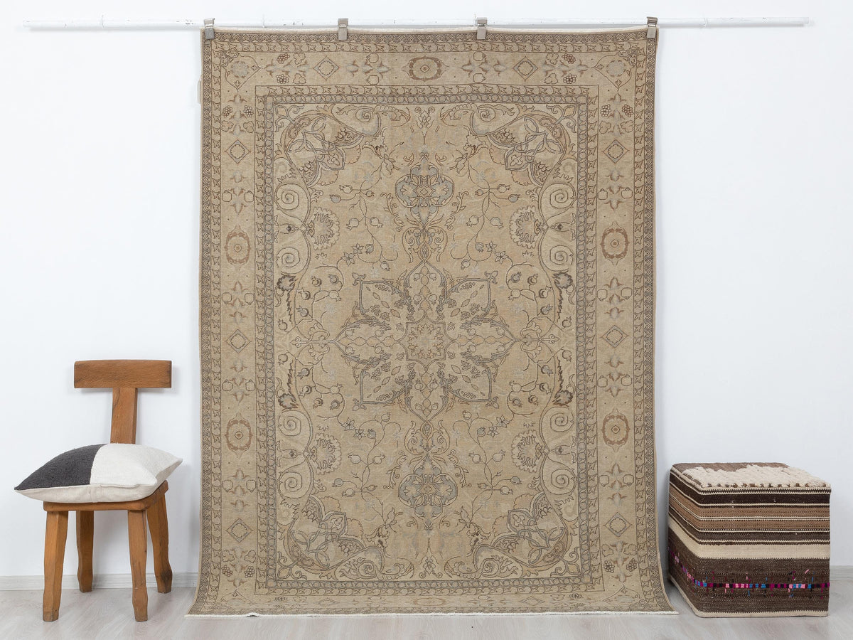 6x8 Oushak Rug, Beige Farmhouse Turkish Rugs, Neutral Vintage Wool Handmade,Luxury Home Decor.