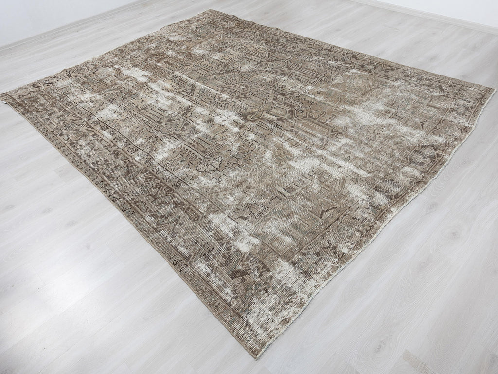 7x10 Heriz Rug, Taupe Turkish Rugs, Neutral Vintage Wool Handmade Anatolian Carpet, Rustic Farmhouse