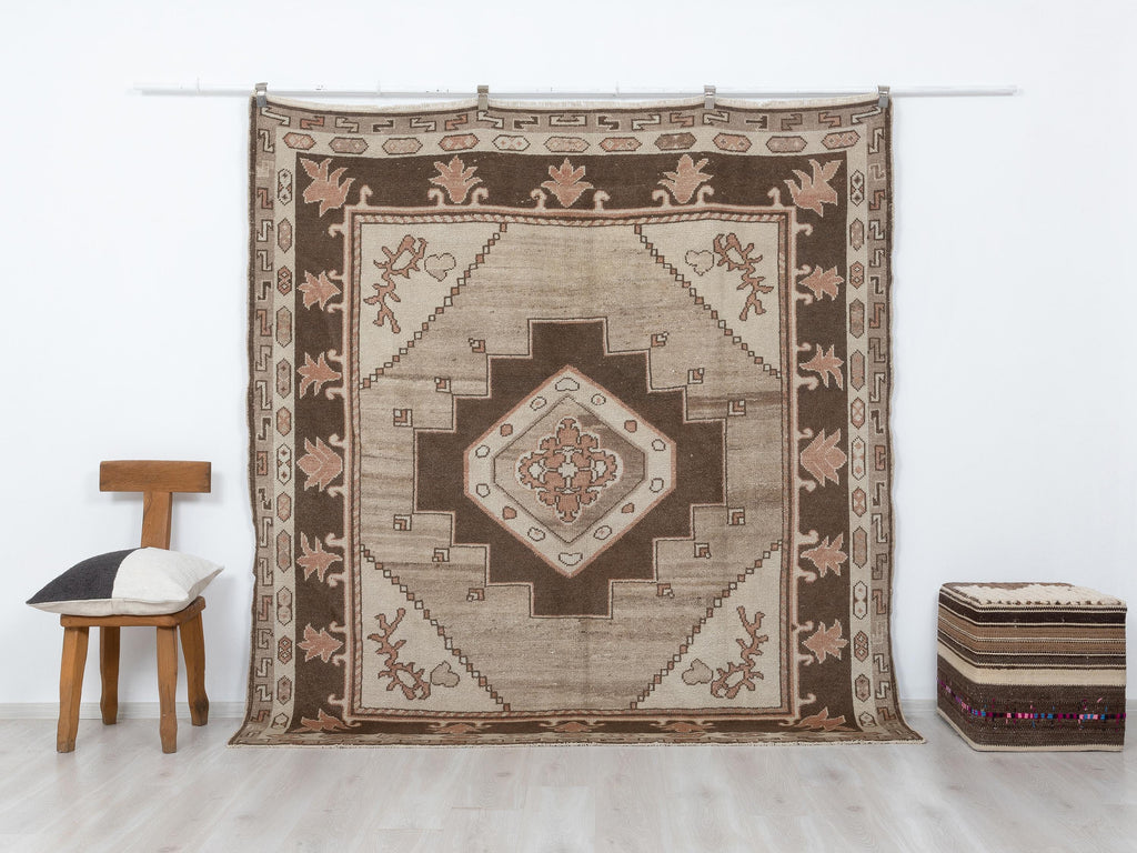 Square Size Brown Turkish Wool Kars Carpet Rug,7,3x7.7 Feet,Handmade Area Rugs.