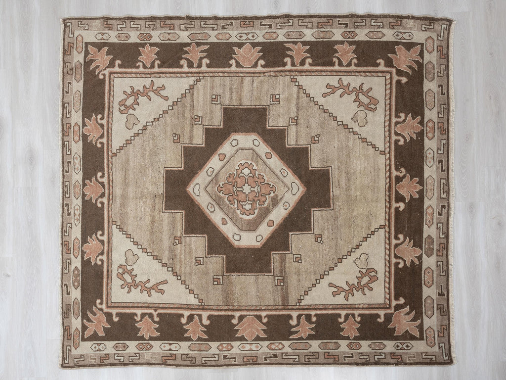 Square Size Brown Turkish Wool Kars Carpet Rug,7,3x7.7 Feet,Handmade Area Rugs.