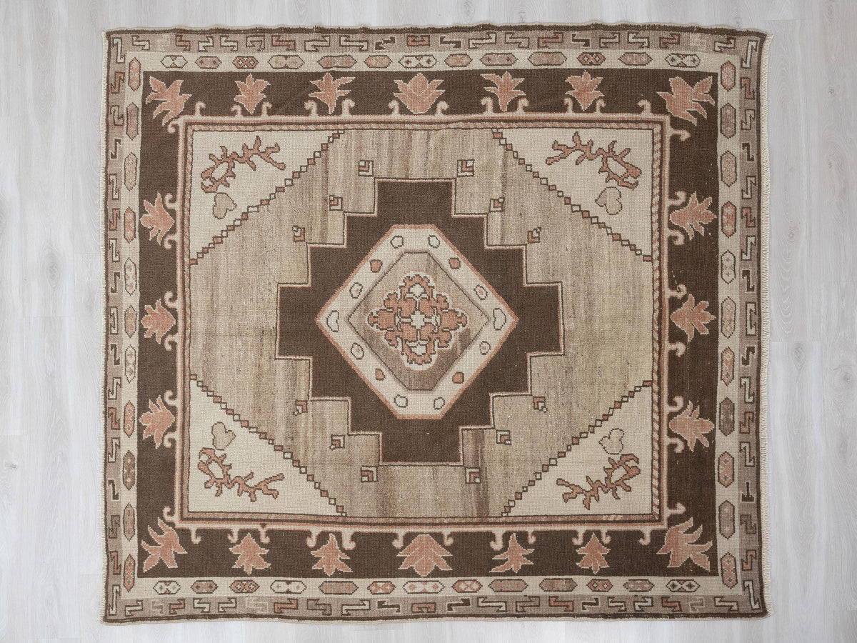 Square Size Brown Turkish Wool Kars Carpet Rug,7,3x7.7 Feet,Handmade Area Rugs.