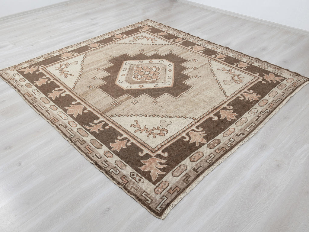 Square Size Brown Turkish Wool Kars Carpet Rug,7,3x7.7 Feet,Handmade Area Rugs.