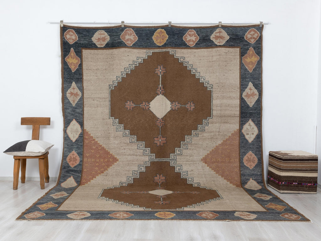 Kurdish Kars Wool Rug - Oversized 9x12 Brown and Blue Turkish Carpet,Luxury Home Decor