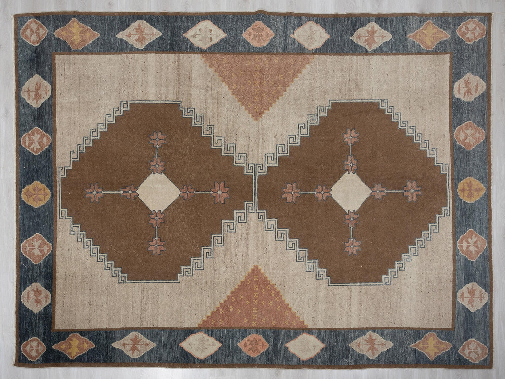 Kurdish Kars Wool Rug - Oversized 9x12 Brown and Blue Turkish Carpet,Luxury Home Decor