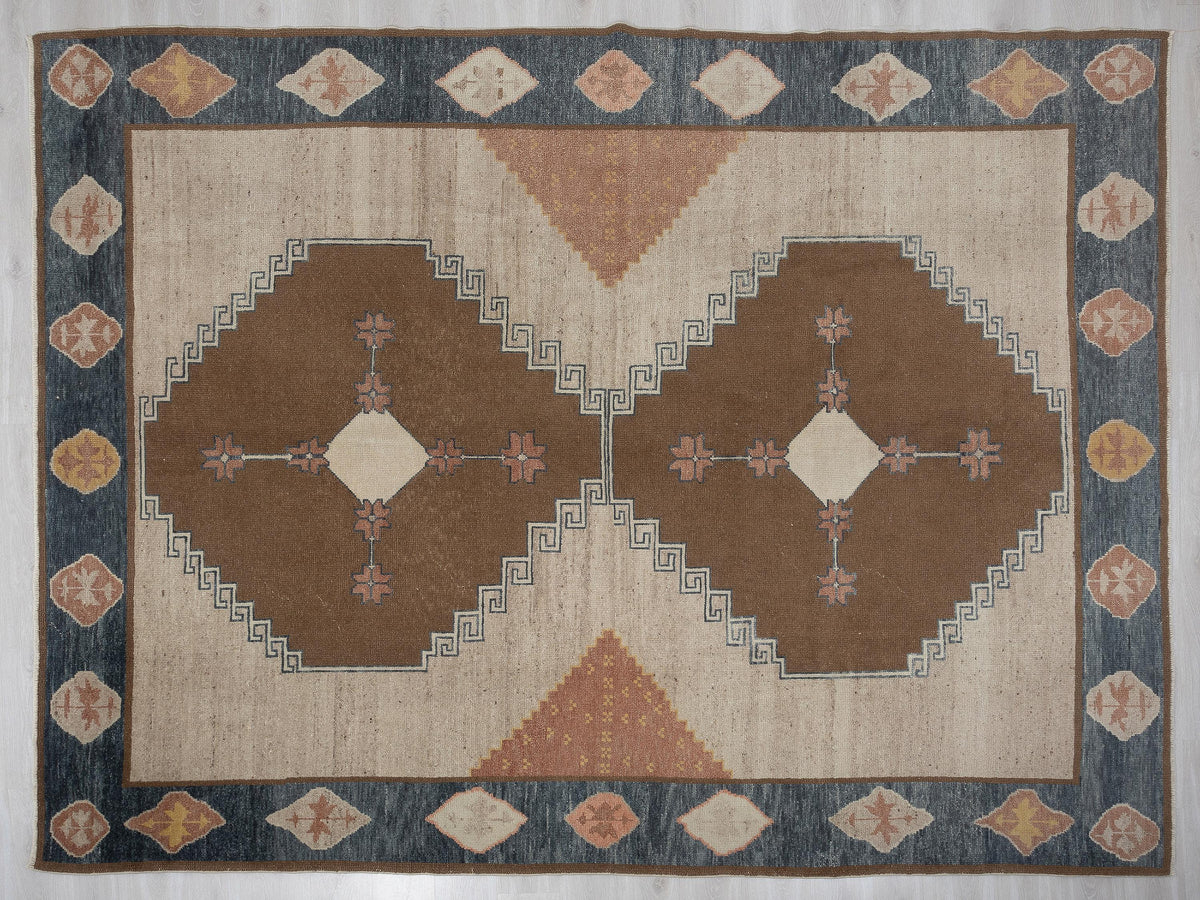 Kurdish Kars Wool Rug - Oversized 9x12 Brown and Blue Turkish Carpet,Luxury Home Decor