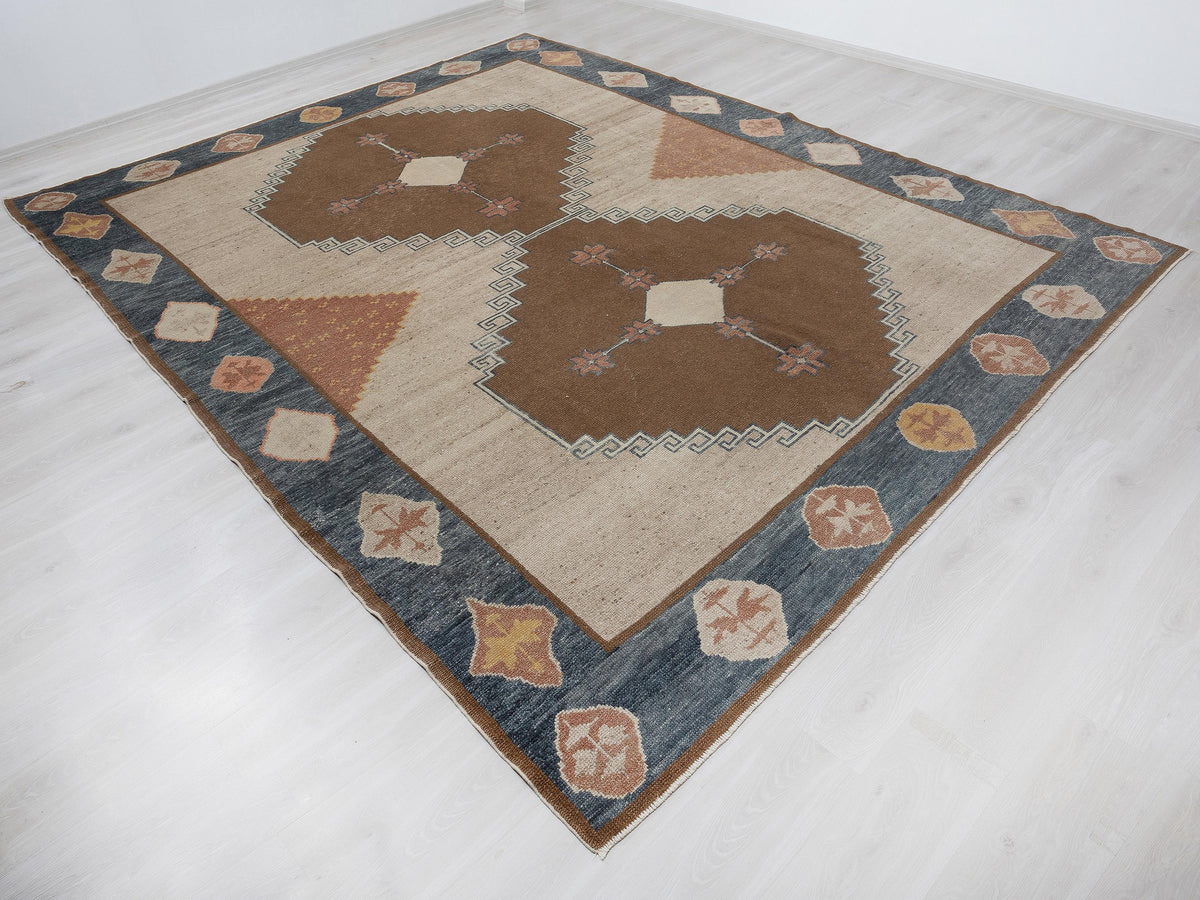Kurdish Kars Wool Rug - Oversized 9x12 Brown and Blue Turkish Carpet,Luxury Home Decor