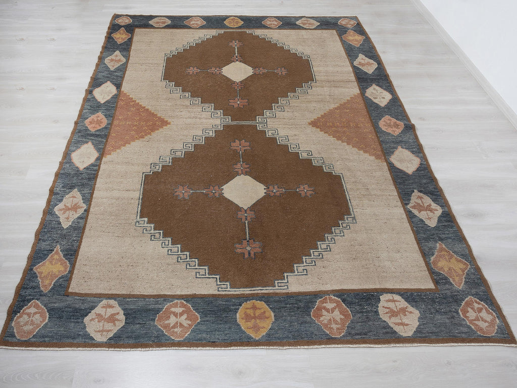 Kurdish Kars Wool Rug - Oversized 9x12 Brown and Blue Turkish Carpet,Luxury Home Decor
