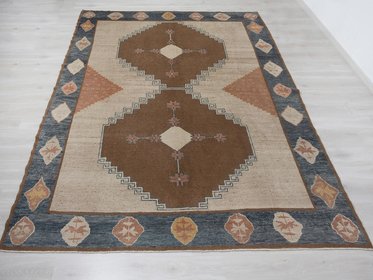 Kurdish Kars Wool Rug - Oversized 9x12 Brown and Blue Turkish Carpet,Luxury Home Decor