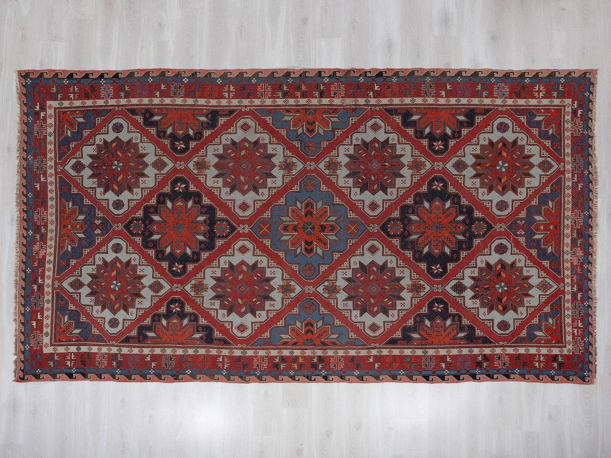 Antique Soumac Kilim Rug,7x12.5 Feet,Oversize Handmade Area Wool Rugs.