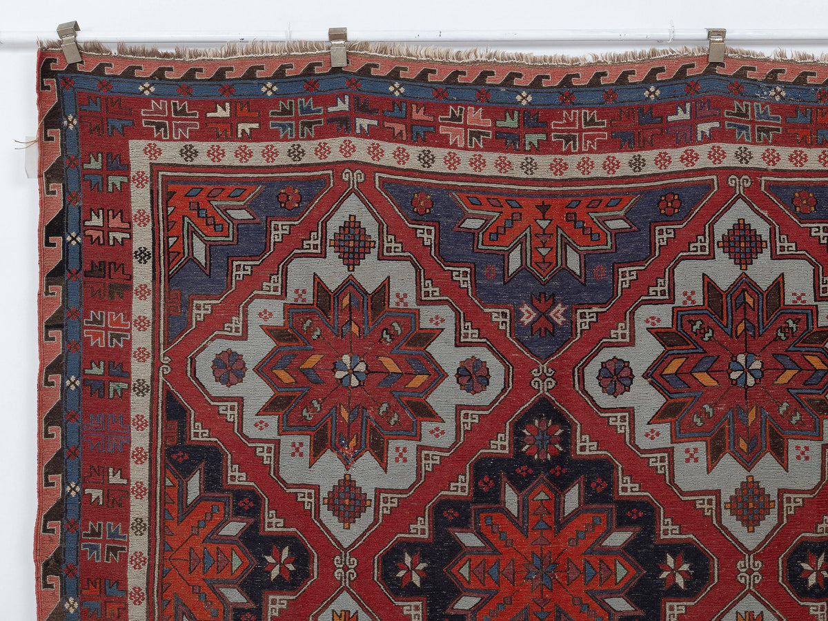 Antique Soumac Kilim Rug,7x12.5 Feet,Oversize Handmade Area Wool Rugs.