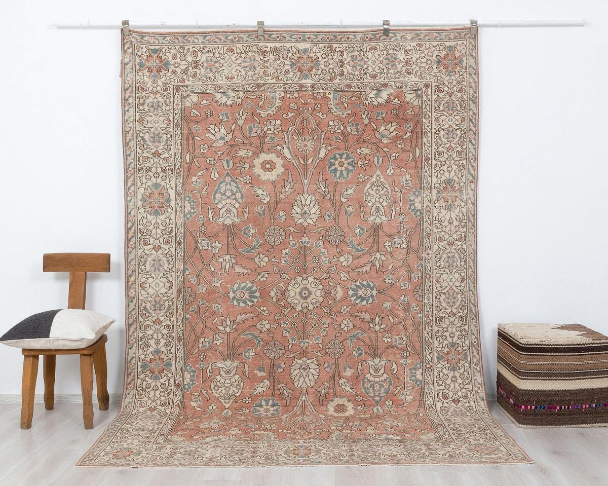 7x10 Oushak Rug, Turkish Vintage Floral Wool Area Handmade Carpet, Cottage Farmhouse Rugs