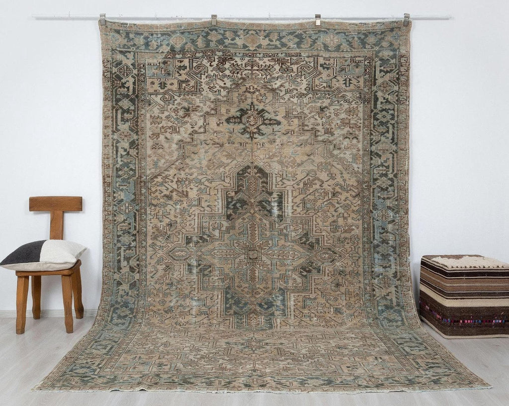 7x11 Anatolian Rug, Blue Turkish Neutral Vintage Wool Area Rugs, Handmade Modern Farmhouse Carpet.
