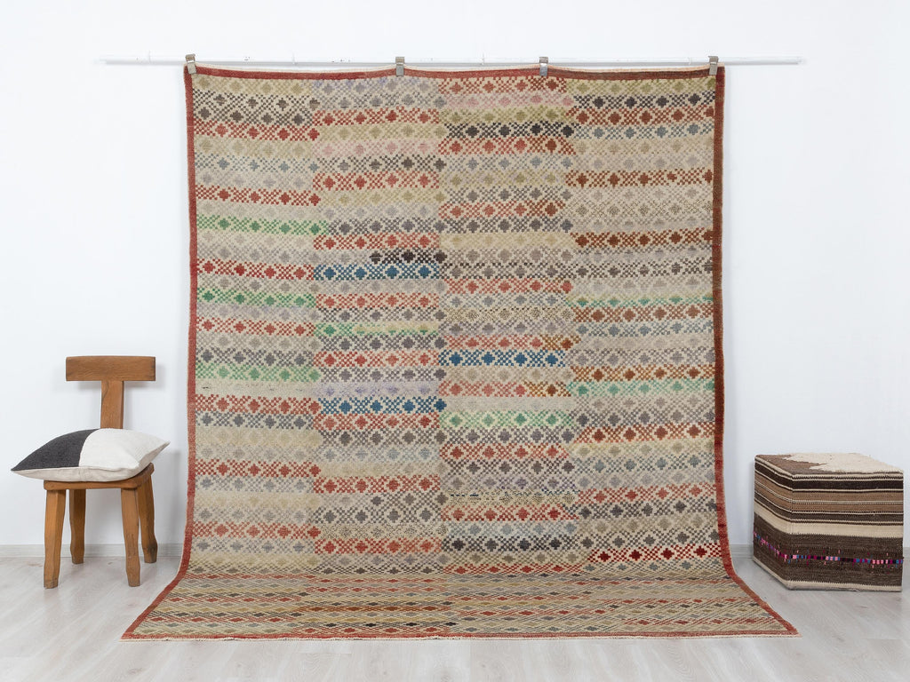 Checked Design Wool Turkish Kilim Rug, 7,5x9,6 Feet,Seasonal Home Living Decor Rugs.