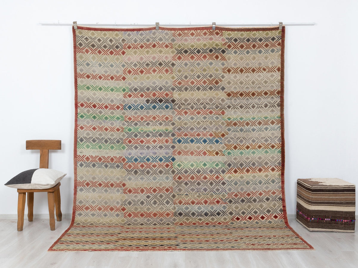Checked Design Wool Turkish Kilim Rug, 7,5x9,6 Feet,Seasonal Home Living Decor Rugs.