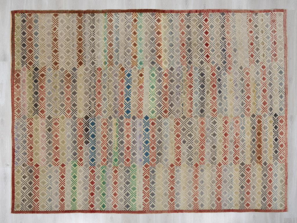 Checked Design Wool Turkish Kilim Rug, 7,5x9,6 Feet,Seasonal Home Living Decor Rugs.