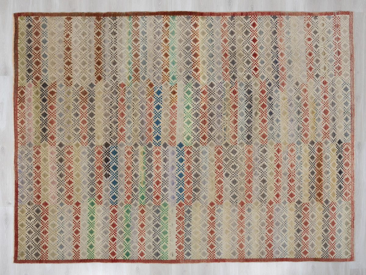 Checked Design Wool Turkish Kilim Rug, 7,5x9,6 Feet,Seasonal Home Living Decor Rugs.