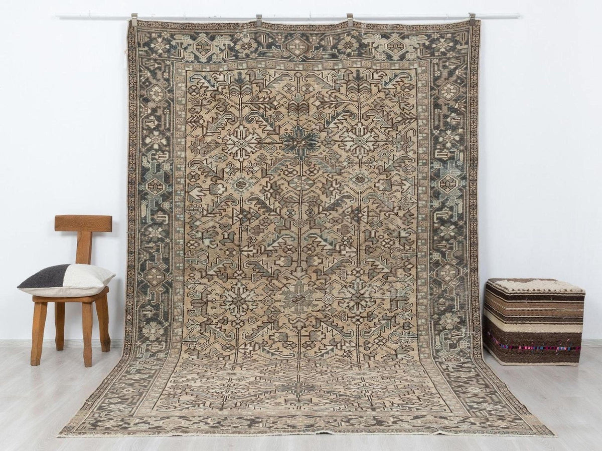 8x11 Vintage Heriz Rug, Turkish Wool Area Carpet, Tribal Neutral Farmhouse Living Room Decor