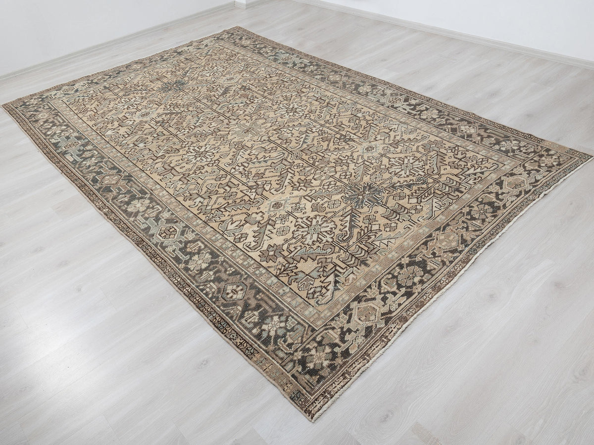 8x11 Vintage Heriz Rug, Turkish Wool Area Carpet, Tribal Neutral Farmhouse Living Room Decor