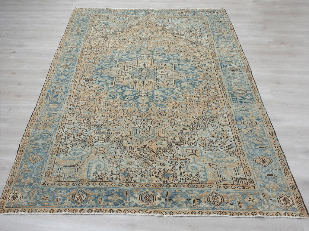 Large Vintage Turkish Rug 8x11 Handmade Oushak Heriz Rugs Faded Blue Wool Area  Carpet.