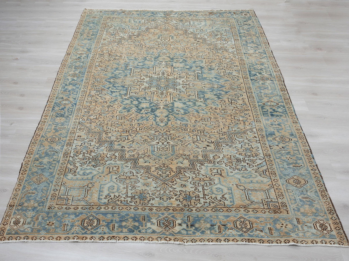Large Vintage Turkish Rug 8x11 Handmade Oushak Heriz Rugs Faded Blue Wool Area  Carpet.