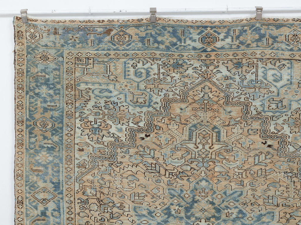 Large Vintage Turkish Rug 8x11 Handmade Oushak Heriz Rugs Faded Blue Wool Area  Carpet.