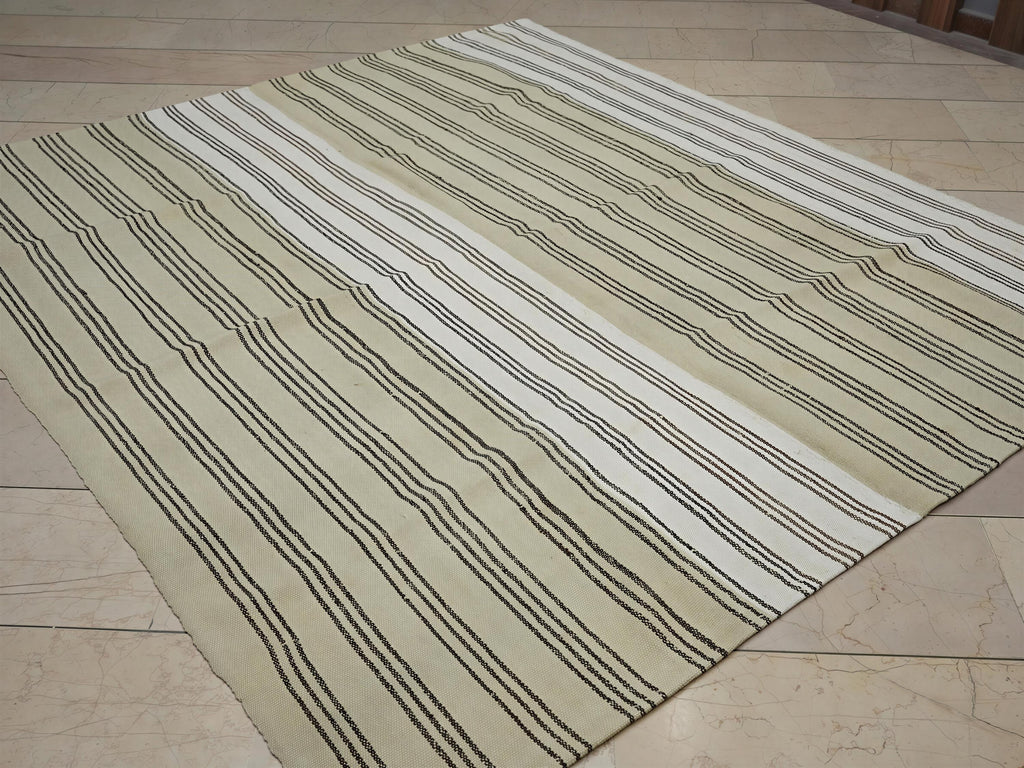 Large Wool Vintage Stripe Turkish Kilim Rug: 7x8 Feet,Brown Cream Area Rugs.