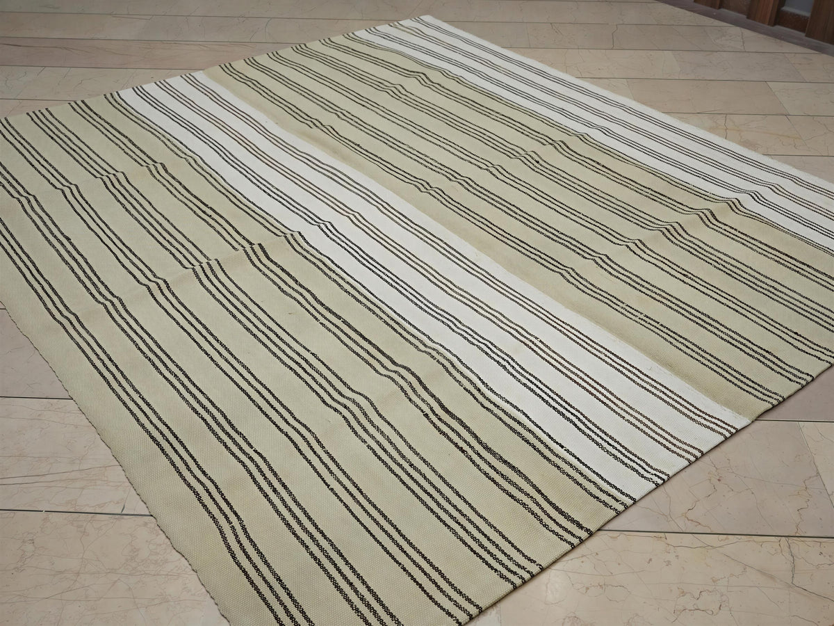 Large Wool Vintage Stripe Turkish Kilim Rug: 7x8 Feet,Brown Cream Area Rugs.