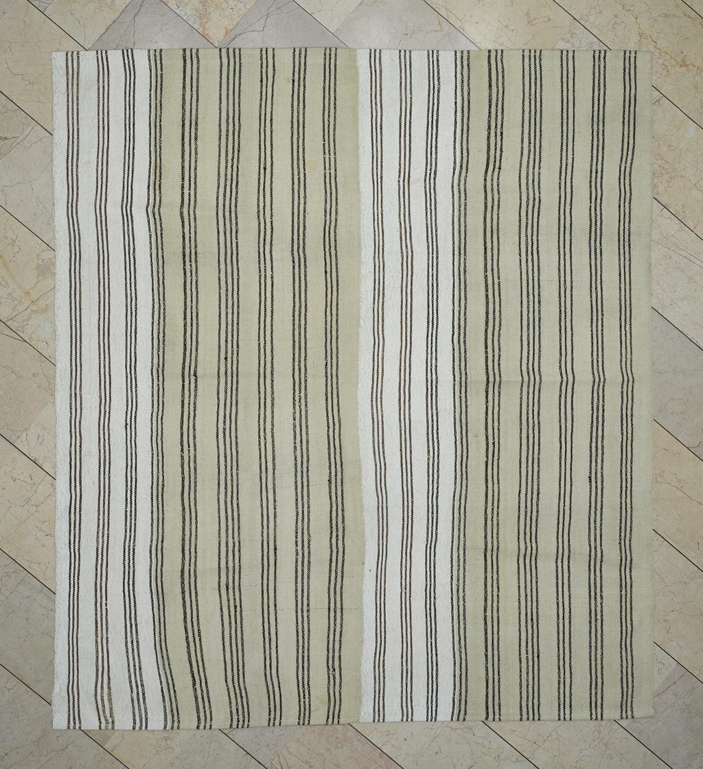 Large Wool Vintage Stripe Turkish Kilim Rug: 7x8 Feet,Brown Cream Area Rugs.