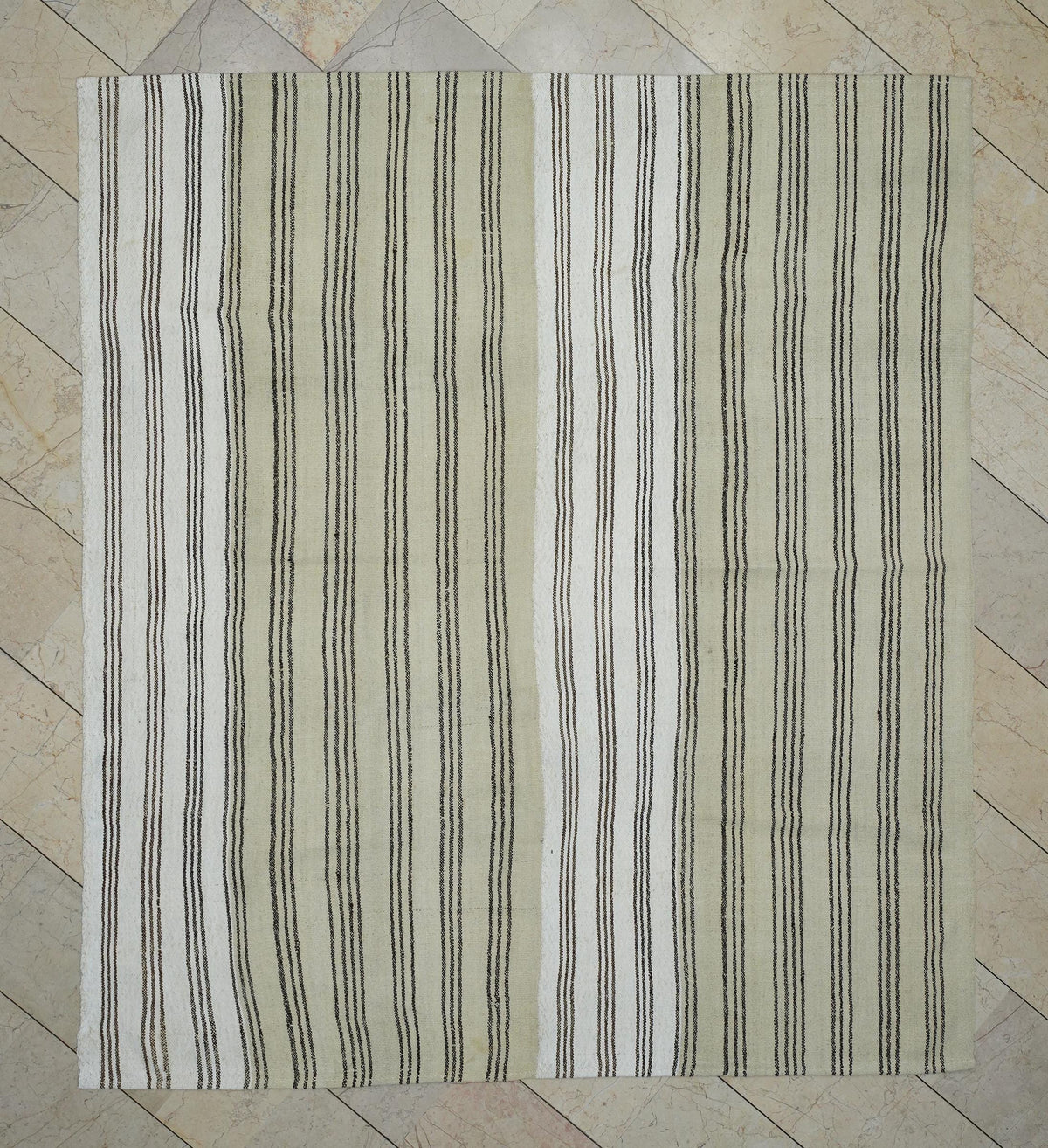 Large Wool Vintage Stripe Turkish Kilim Rug: 7x8 Feet,Brown Cream Area Rugs.