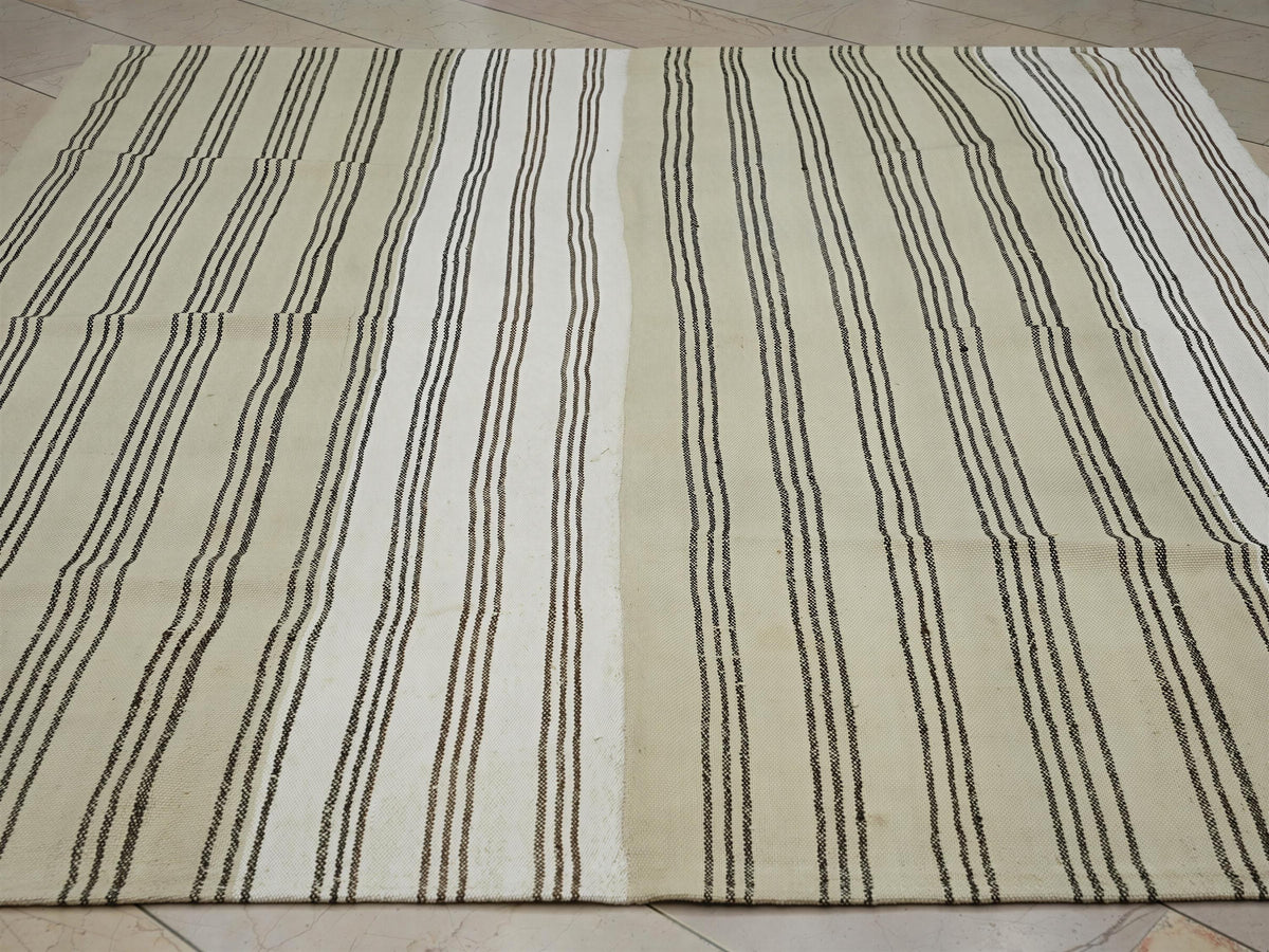 Large Wool Vintage Stripe Turkish Kilim Rug: 7x8 Feet,Brown Cream Area Rugs.