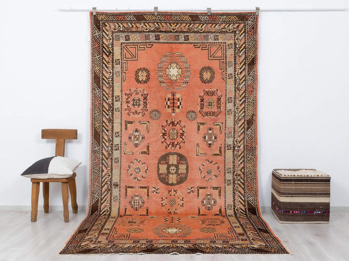 Pastel Orange Brown Vintage Turkish Wool Rug, 6x11 Mid Century Modern,Area Oversize Rugs.
