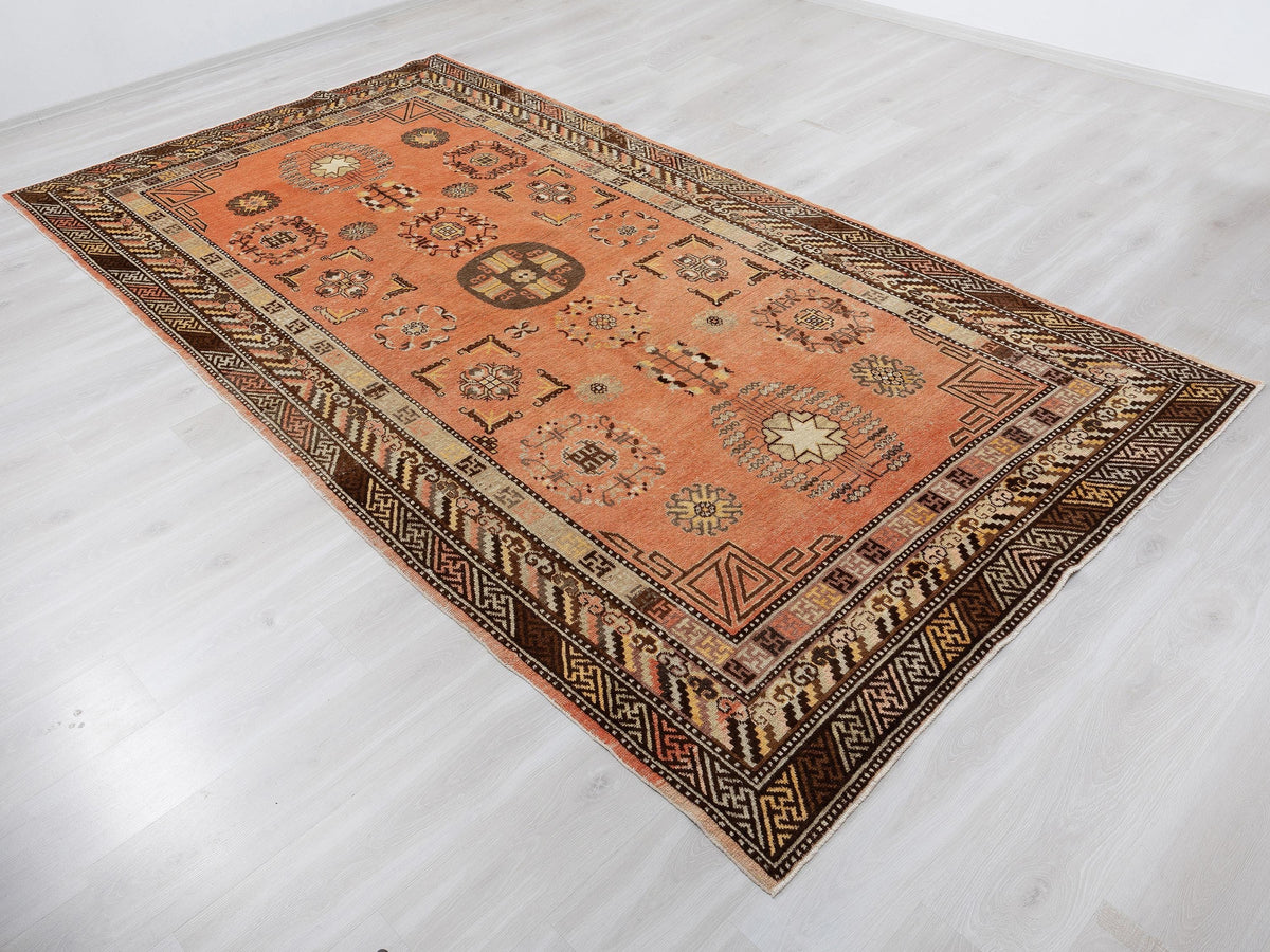 Pastel Orange Brown Vintage Turkish Wool Rug, 6x11 Mid Century Modern,Area Oversize Rugs.