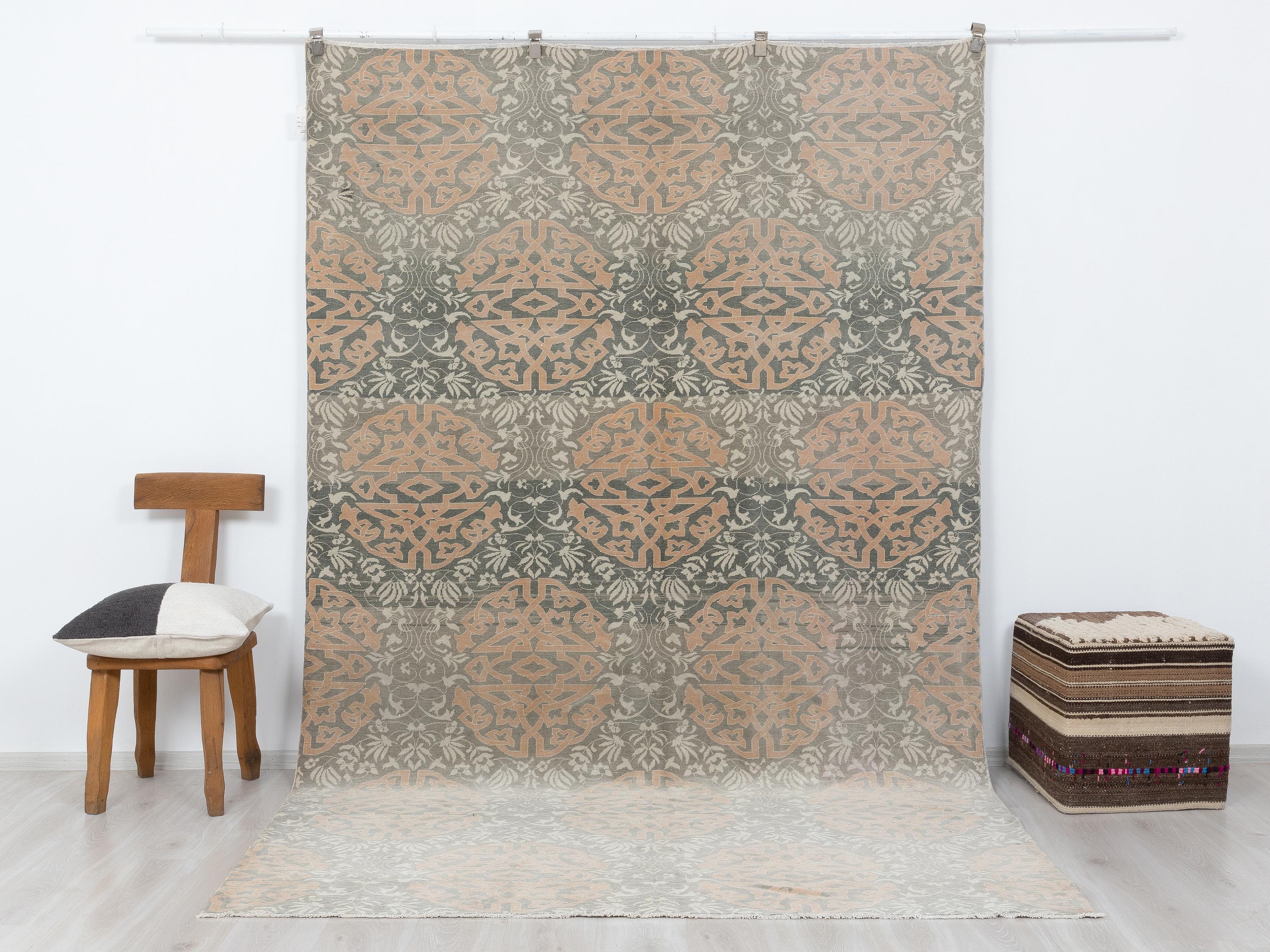 Mid-Century Oushak Rug: 6.4x10.3 ft. Faded Orange,Muted Gray Turkish Wool Rugs.