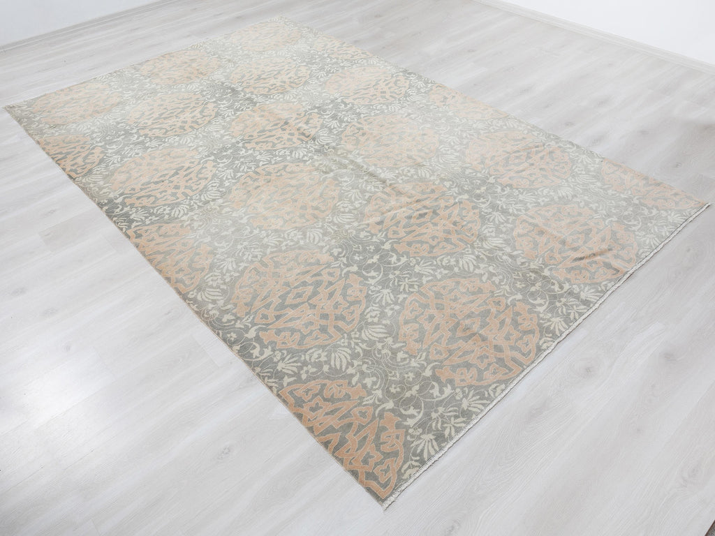 Mid-Century Oushak Rug: 6.4x10.3 ft. Faded Orange,Muted Gray Turkish Wool Rugs.