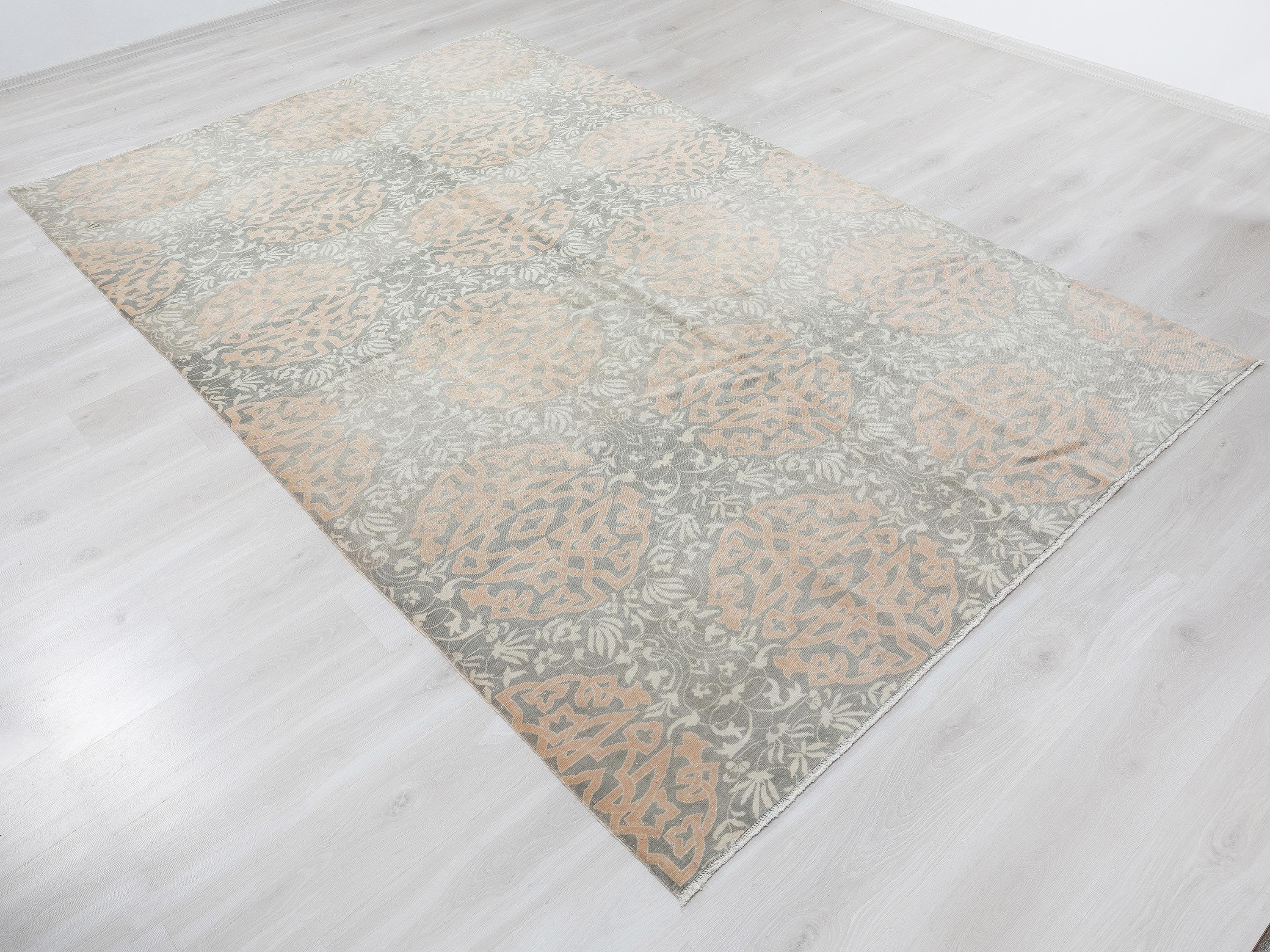 Mid-Century Oushak Rug: 6.4x10.3 ft. Faded Orange,Muted Gray Turkish Wool Rugs.