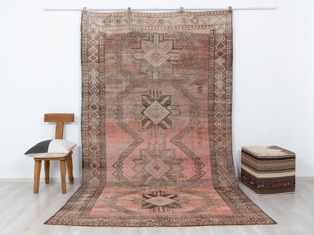 Antique Turkish Wool Rug: 6,3x10,7 Feet,Brown, Pinkish Red Color Carpet,Large Area Rugs.
