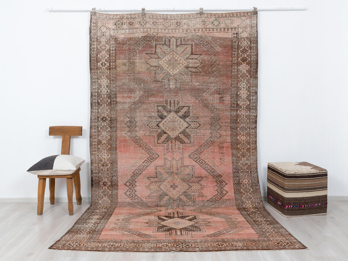 Antique Turkish Wool Rug: 6,3x10,7 Feet,Brown, Pinkish Red Color Carpet,Large Area Rugs.