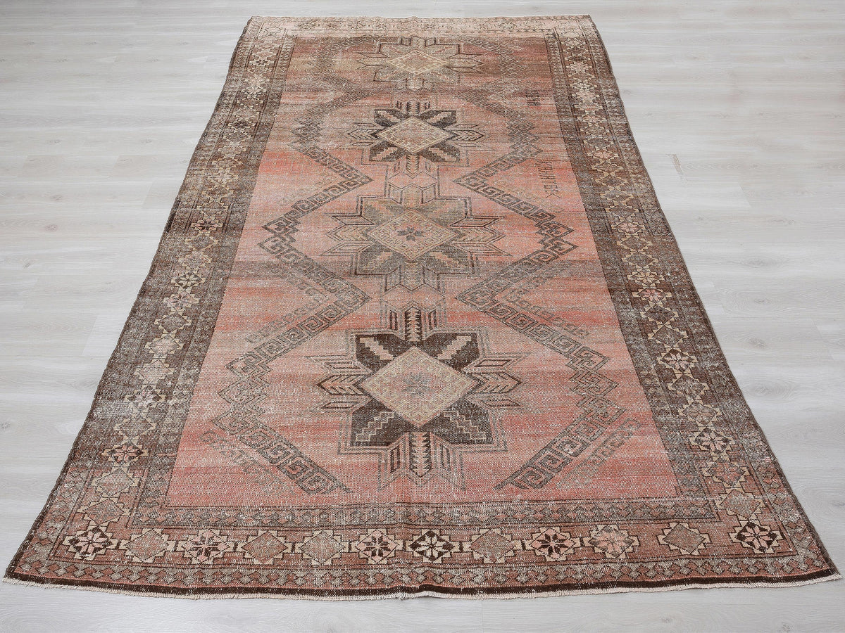 Antique Turkish Wool Rug: 6,3x10,7 Feet,Brown, Pinkish Red Color Carpet,Large Area Rugs.