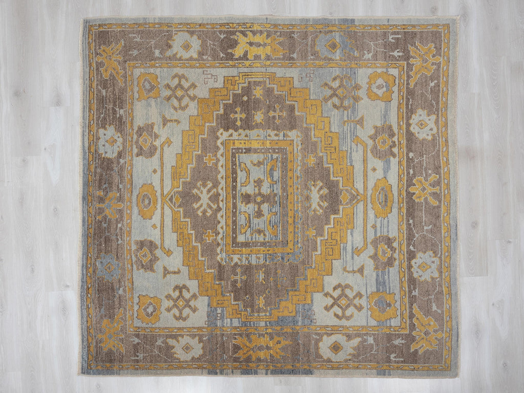 7x7 Turkish Oushak Rug, Beige Brown Wool Area Handmade Square Rugs, Organic Modern Home