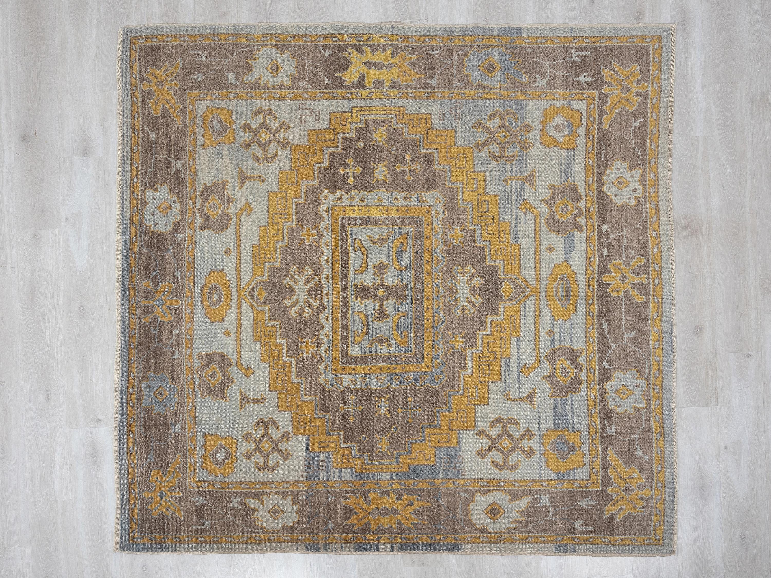 7x7 Turkish Oushak Rug, Beige Brown Wool Area Handmade Square Rugs, Organic Modern Home