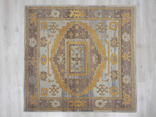 7x7 Turkish Oushak Rug, Beige Brown Wool Area Handmade Square Rugs, Organic Modern Home