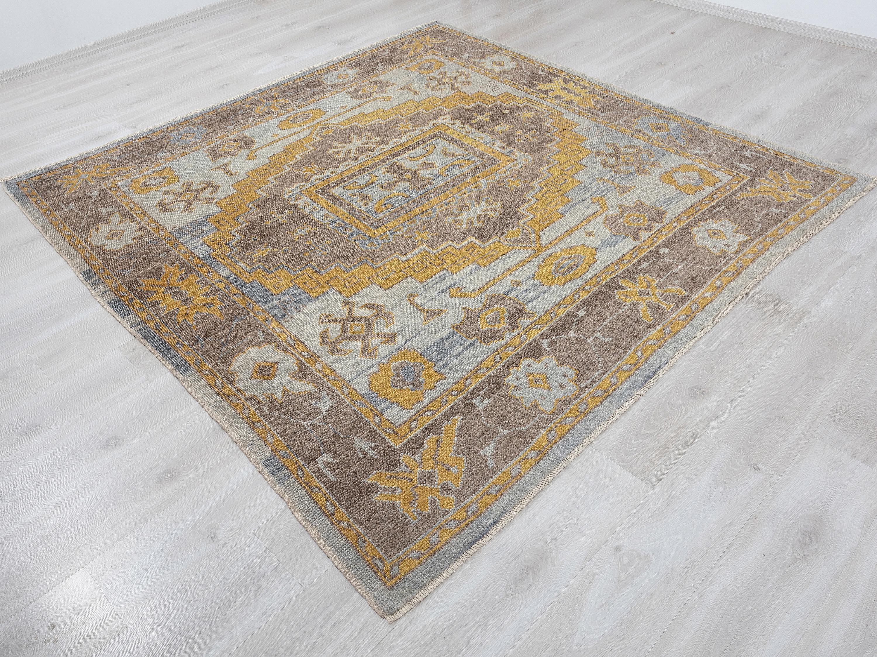 7x7 Turkish Oushak Rug, Beige Brown Wool Area Handmade Square Rugs, Organic Modern Home