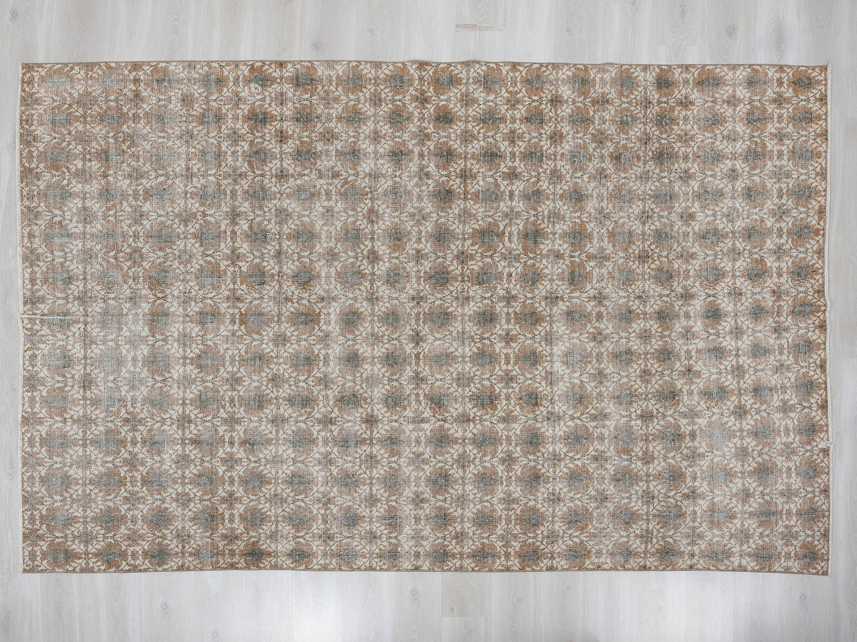 Turkish Vintage Wool Rug: 6.9x10.2 Feet, Art Deco Carpet,Handmade Oushak Rugs.