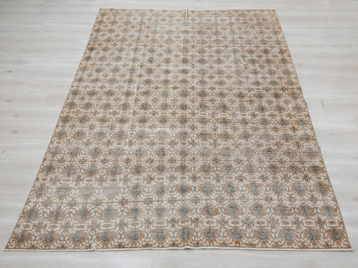 Turkish Vintage Wool Rug: 6.9x10.2 Feet, Art Deco Carpet,Handmade Oushak Rugs.