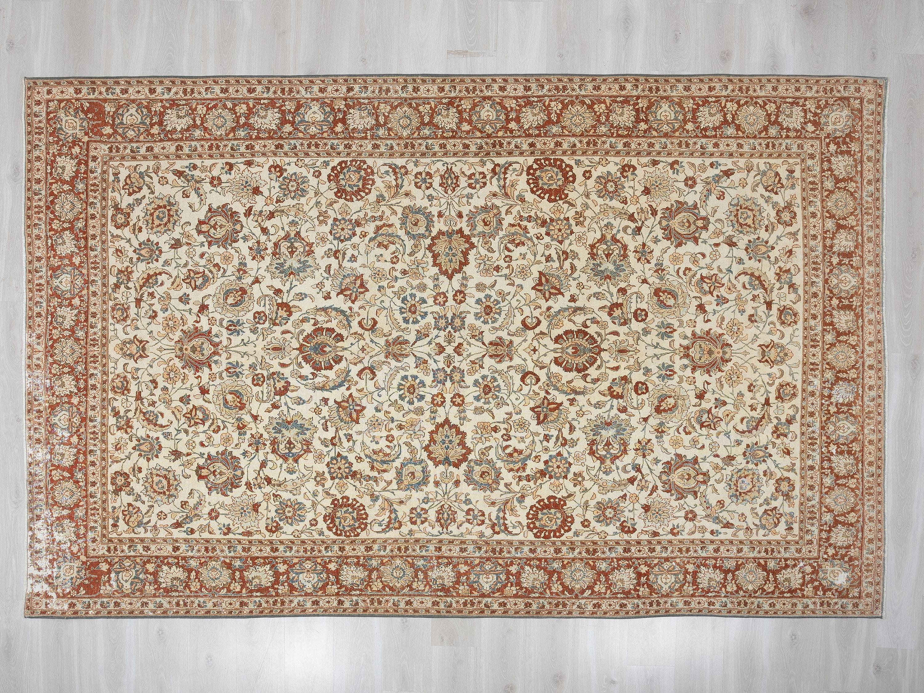 7x11 ivory Rust Turkish Rug, Vintage Floral Oushak Rugs, Wool Area Living Room Carpet.