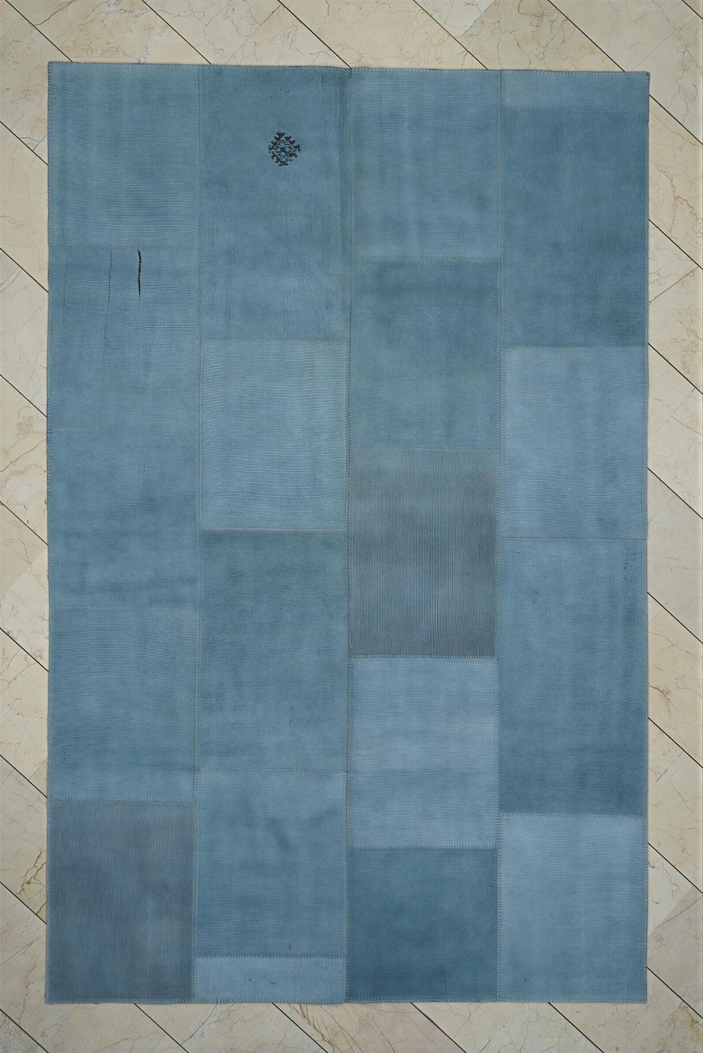 Overdye Light Blue- Turkish Patchwork Hemp Kilim Rug: 6.5x10 Feet.