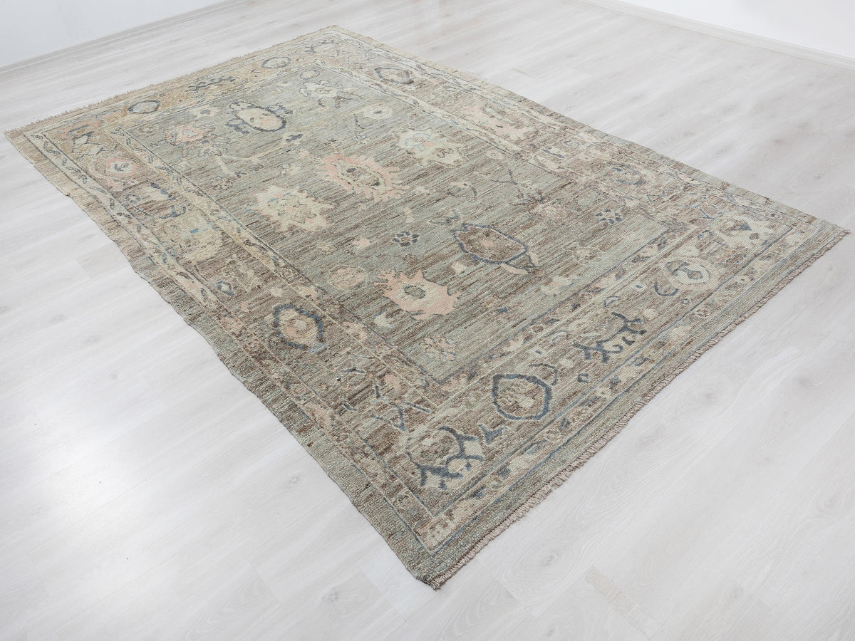 Handwoven Wool Rug: 6.6x10.3 Feet,Geometric Design Turkish Oushak Rugs.