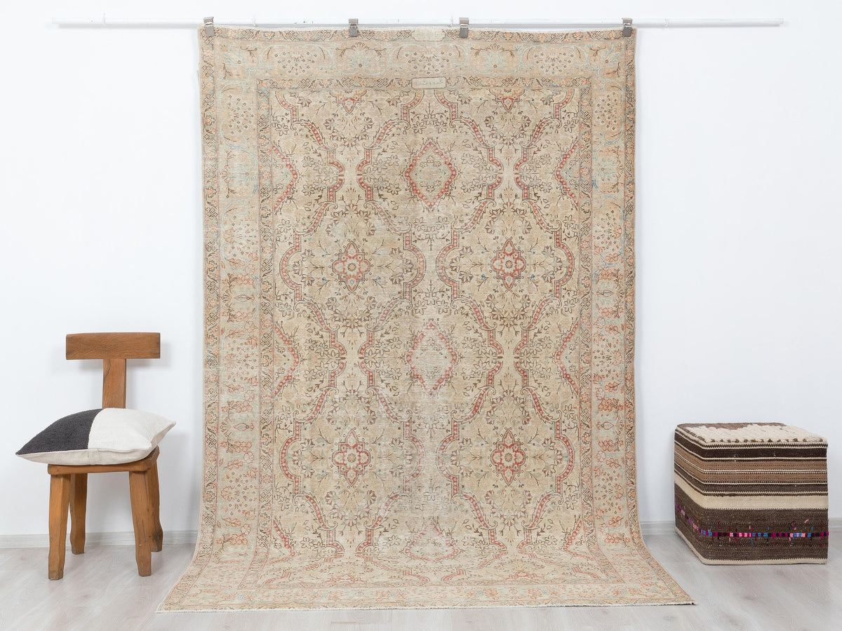 Vintage Turkish Wool Rug, 5.9x9.4 Feet, Terra-cotta Beige Colors,Home Living Decor Rugs.